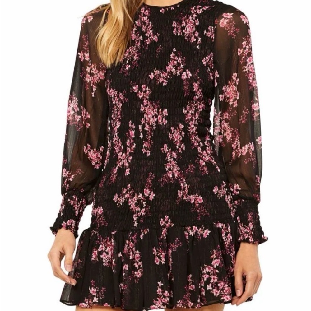 MISA Los Angeles Roisin Smocked Mini Dress Berry Floral Black Pink Size Small